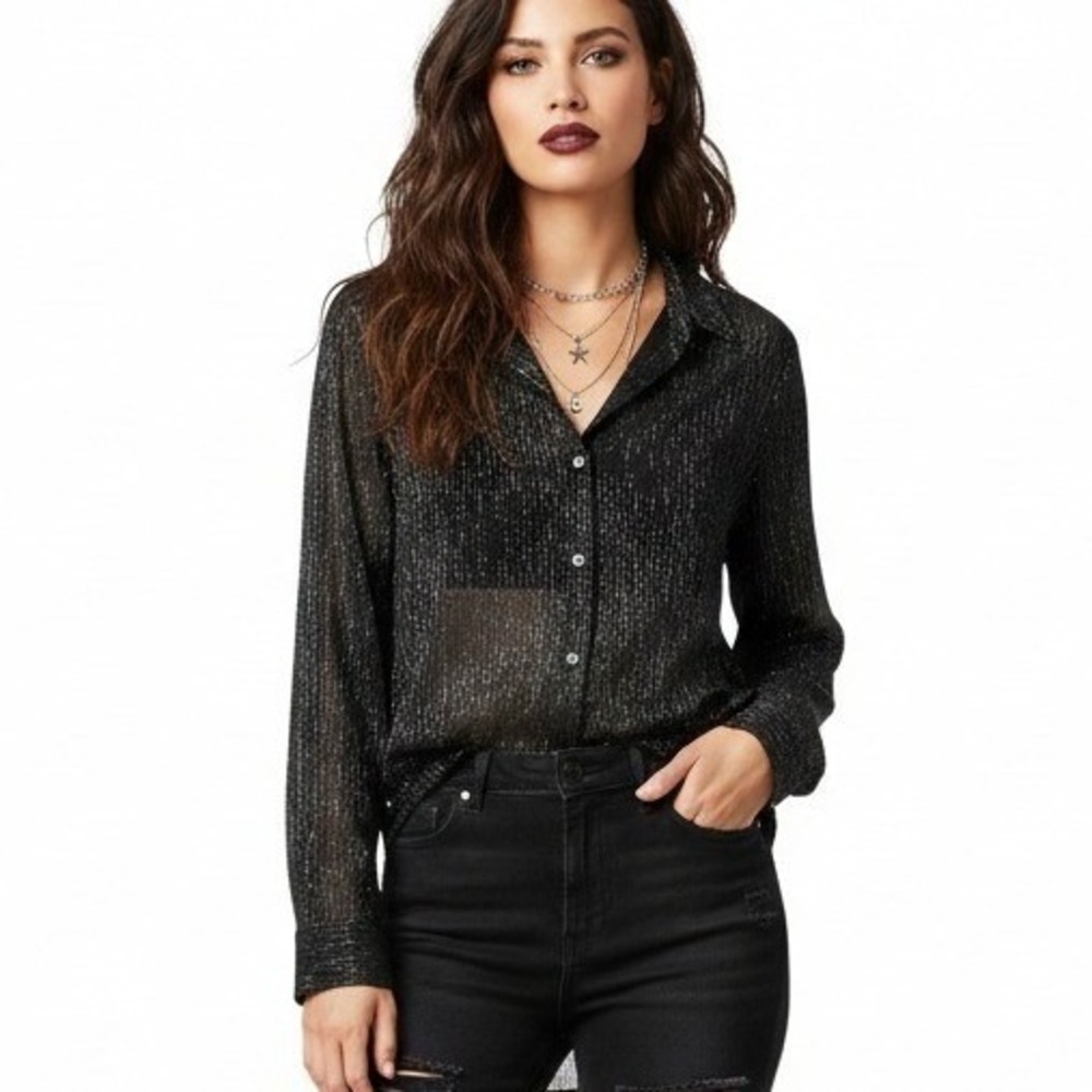 H&M Divided Womens Black Silver Metallic Shimmer Sheer Button Down Shirt Size 8